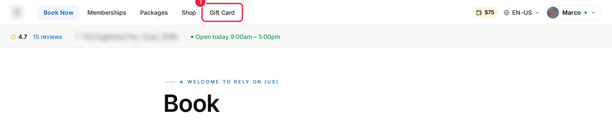 The Gift Card link in the menu of a clinic’s booking page