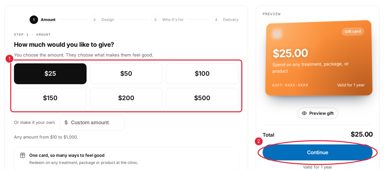 The amount step, with preset amounts, a custom amount box and the Continue button