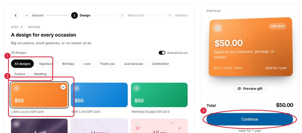 The design step, with occasion filters, design tiles and the Continue button