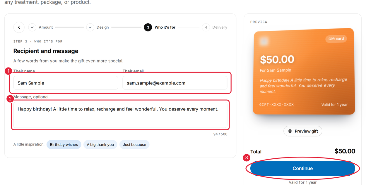 The recipient step, with their name, email and an optional message