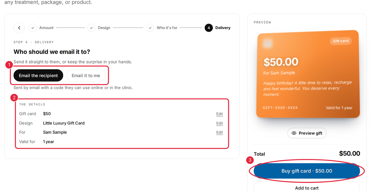 The delivery step, with the delivery choice, the details and the Buy gift card button