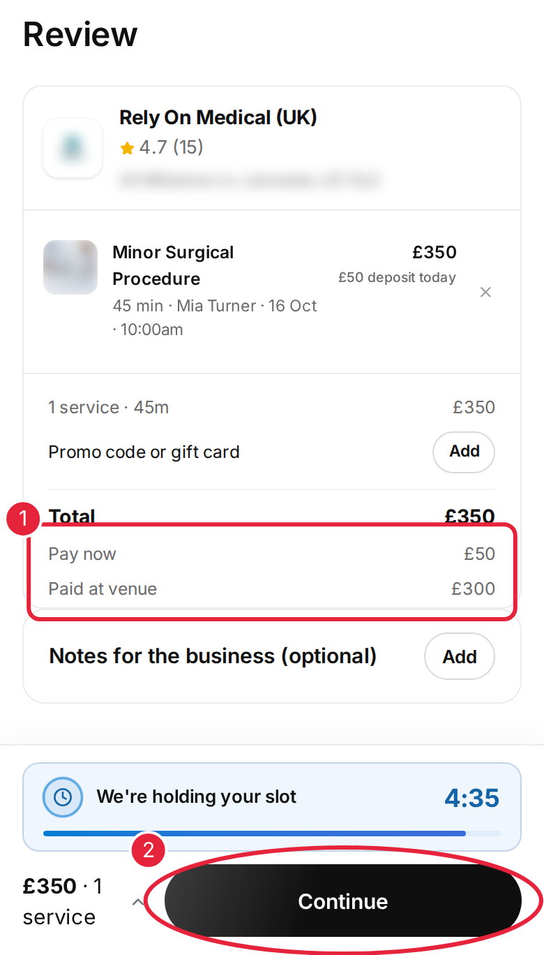 Check the deposit due now and the balance due at the clinic