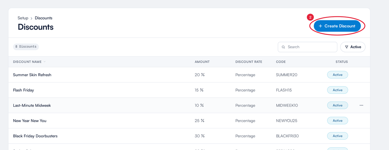 The Discounts list with the Create Discount button