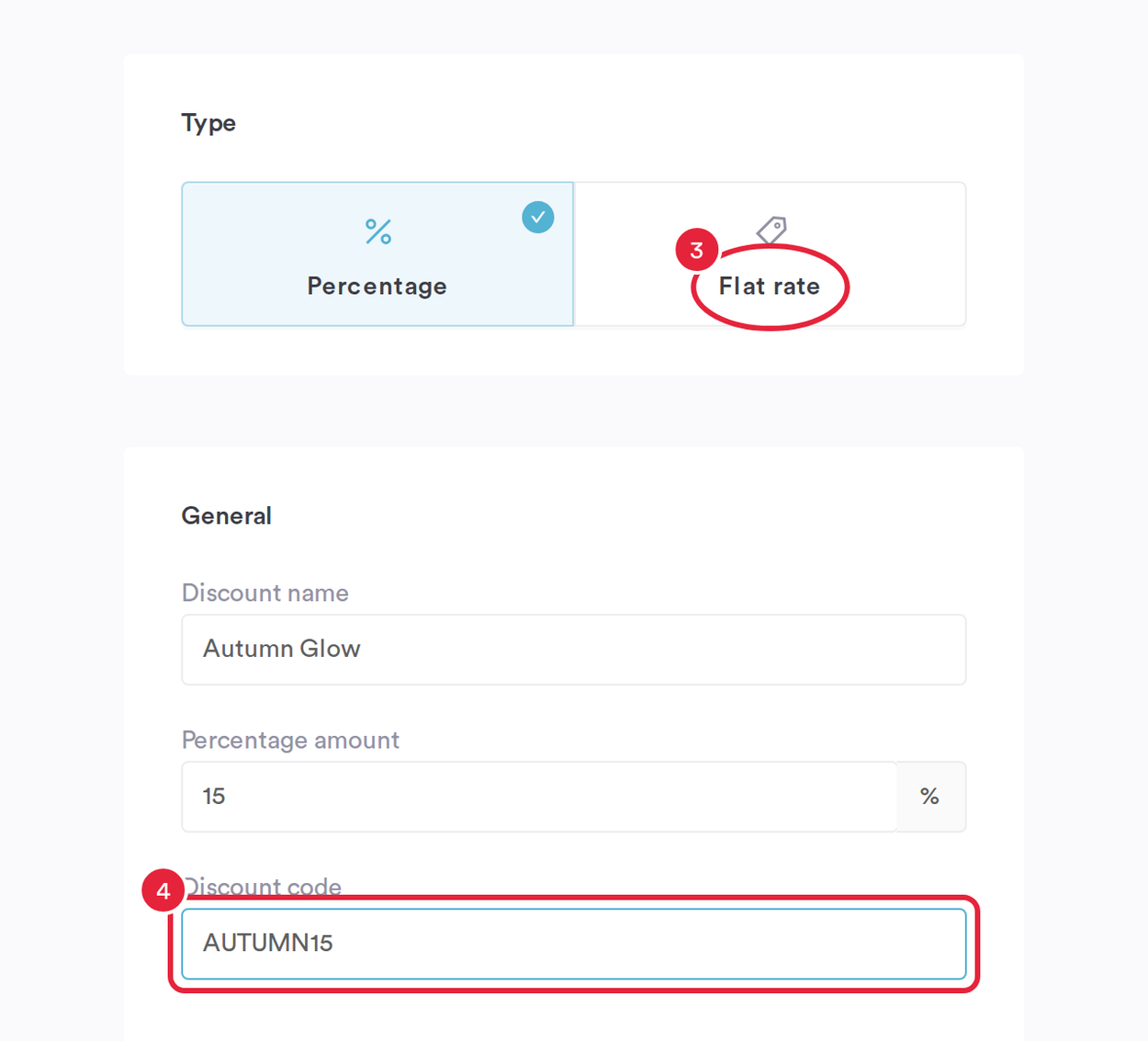 Type, name, amount and discount code on the General tab