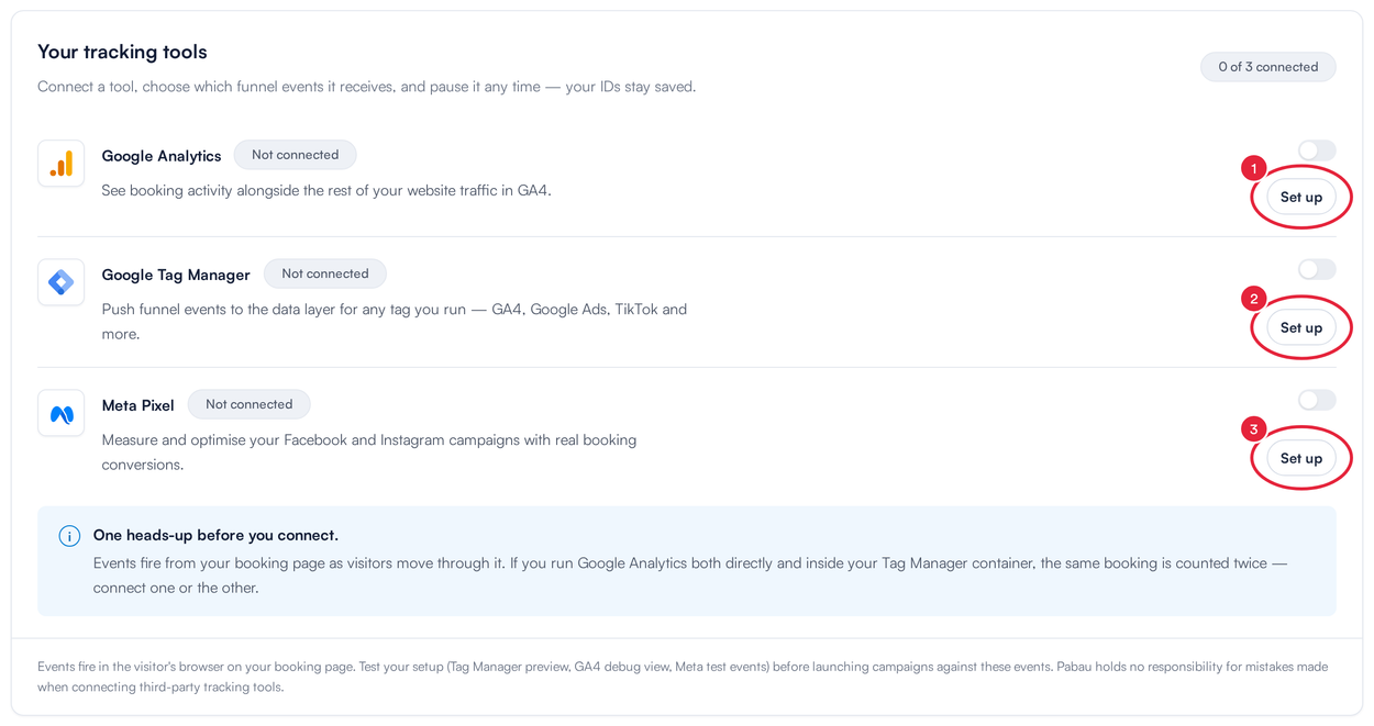 Click Set up next to Google Analytics, Google Tag Manager or Meta Pixel