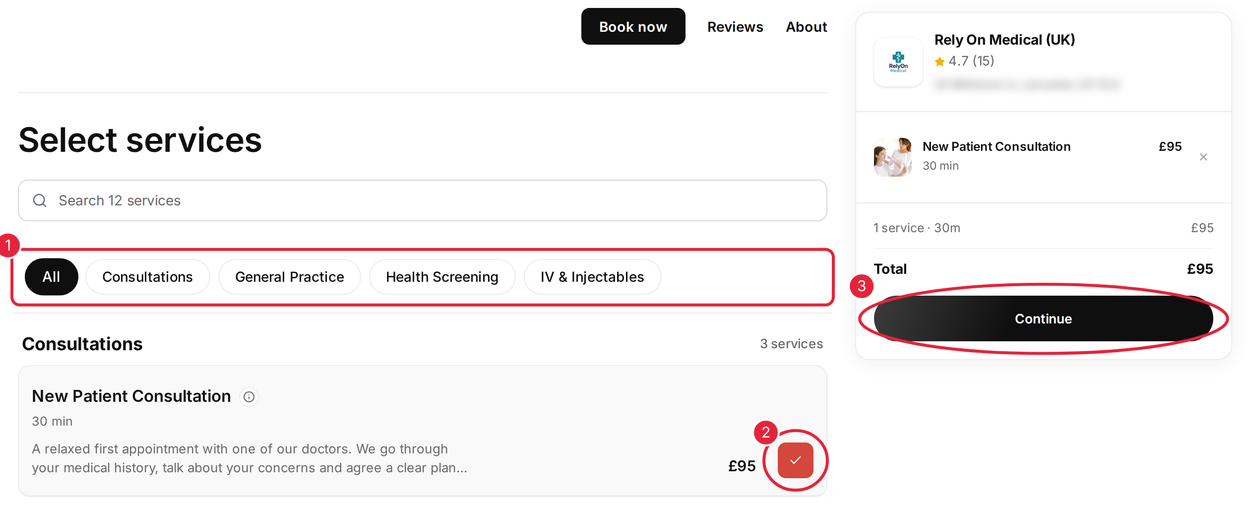 Choose a category, add a service, then click Continue