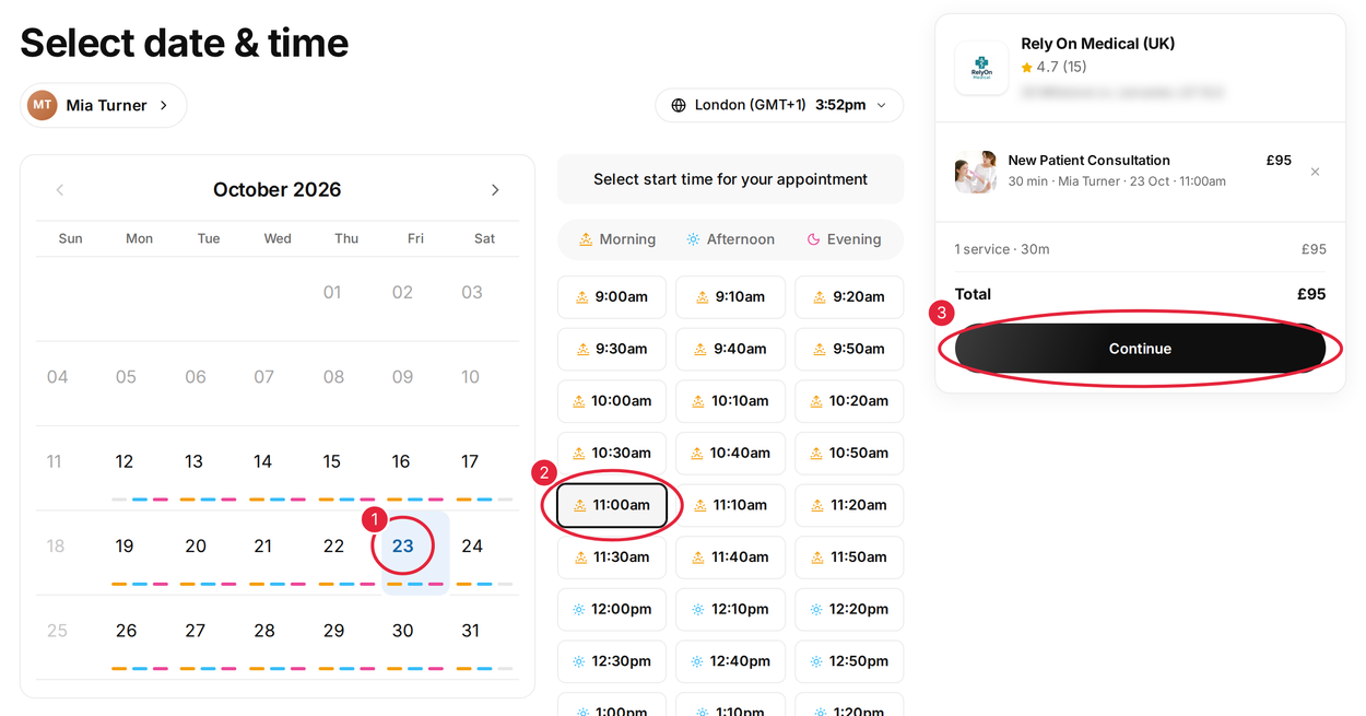 Pick a date and a start time, then click Continue