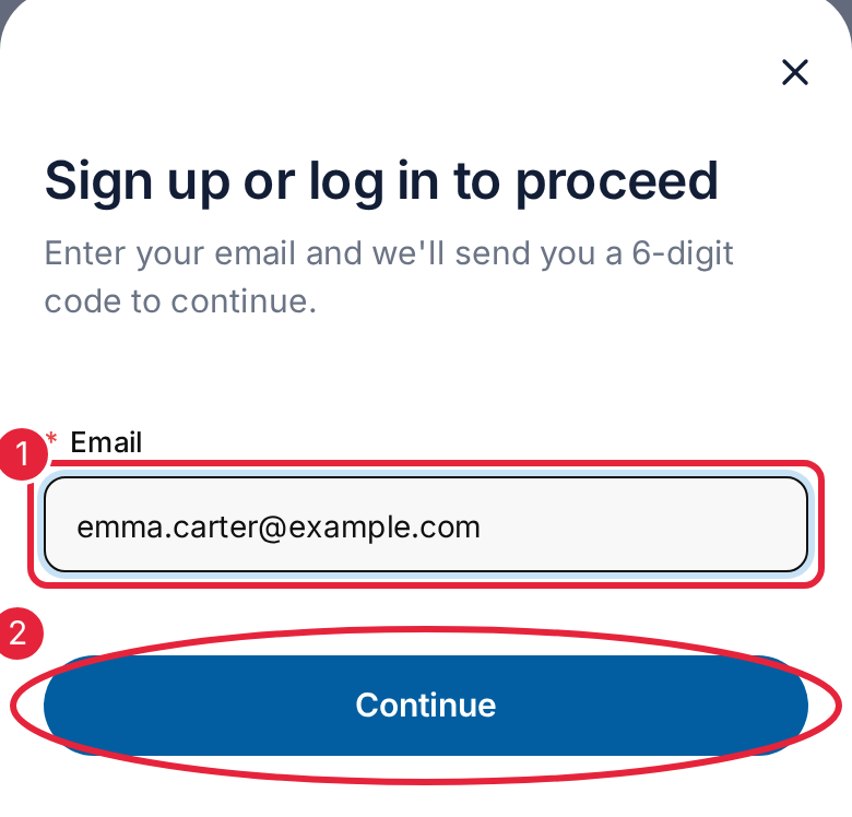 Signing in on a phone: enter your email, then tap Continue