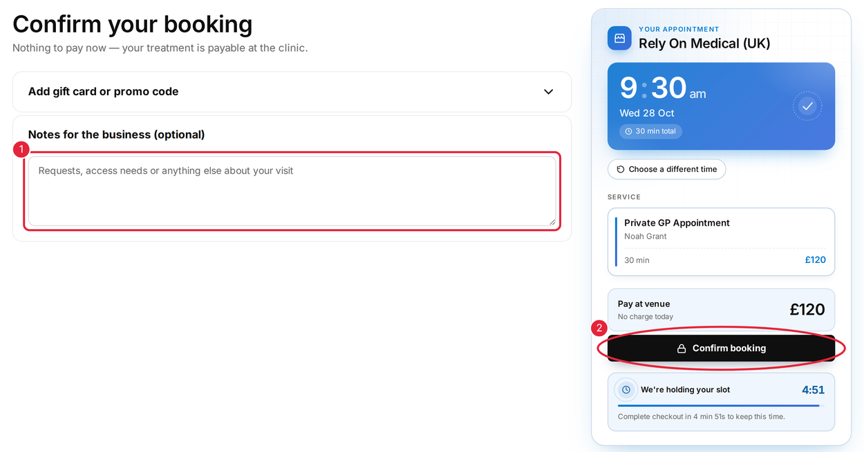Add a note if you like, then click Confirm booking