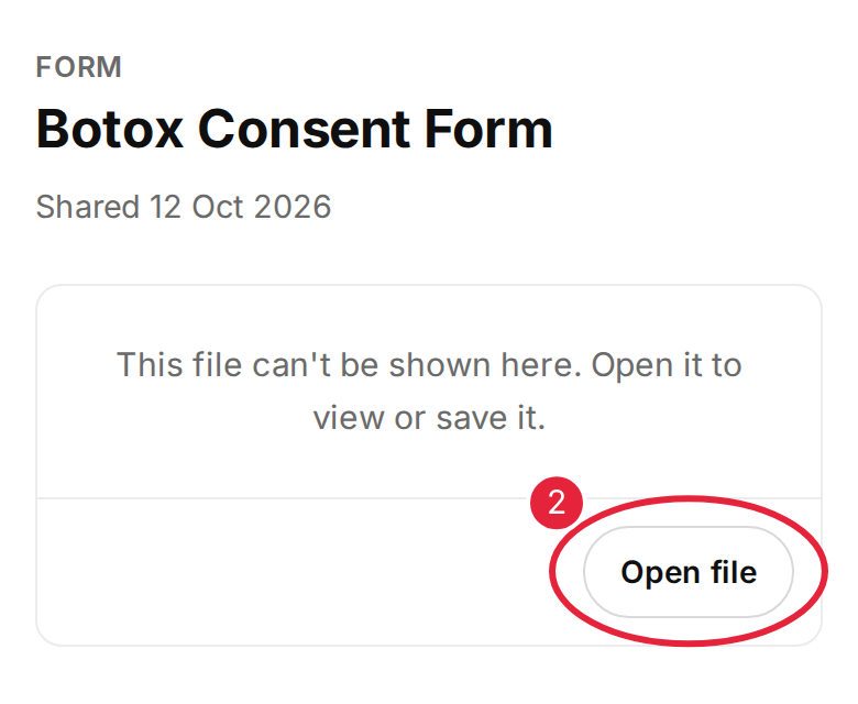 A shared consent form on a phone, with the Open file button