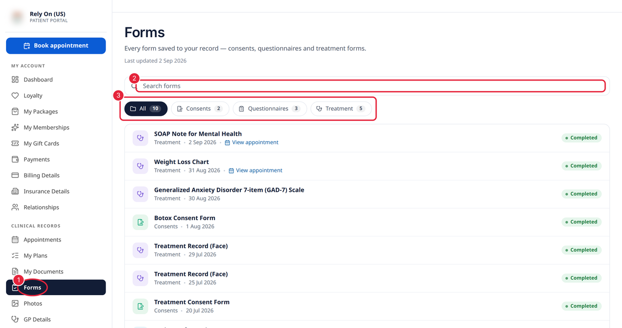 The Forms page in the client portal with the search box and form type filters