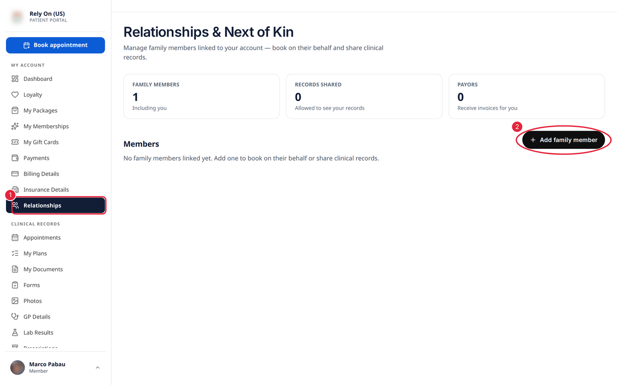 The client’s Relationships & Next of Kin page