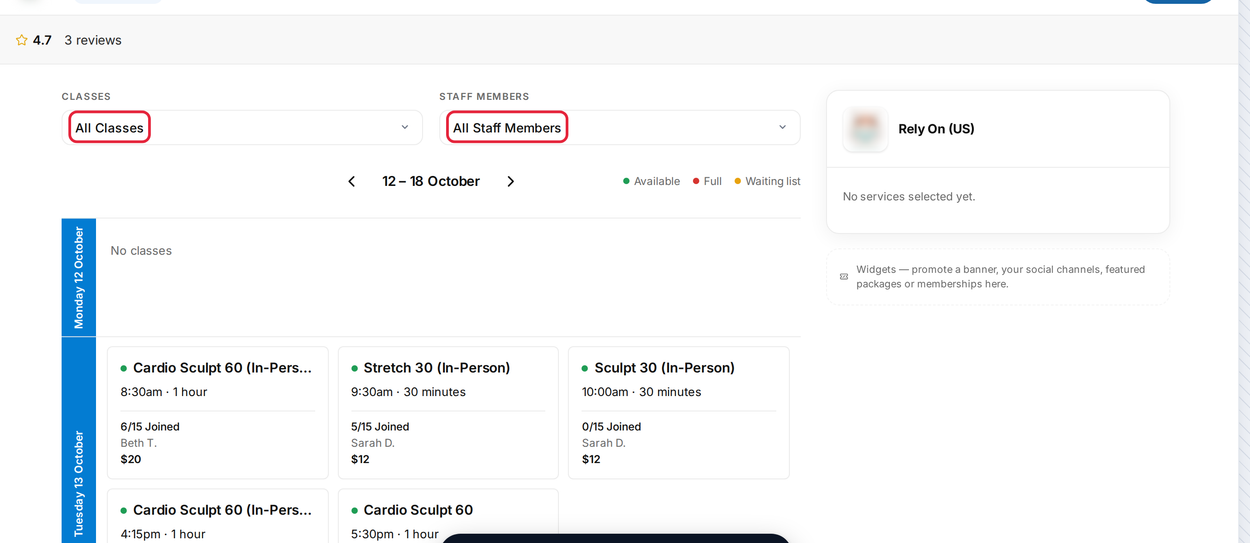 The Classes page with its Classes and Staff members filters
