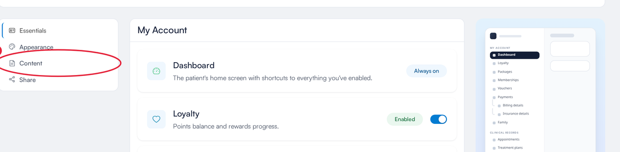 The Content tab in Client Portal settings