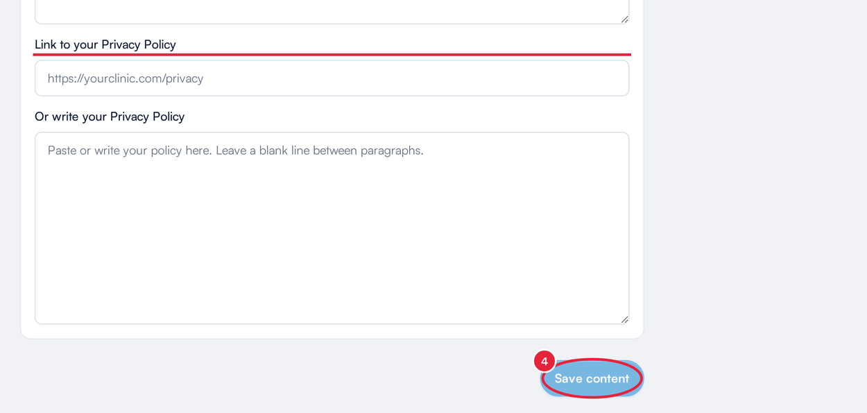 Add your Privacy Policy, then Save content