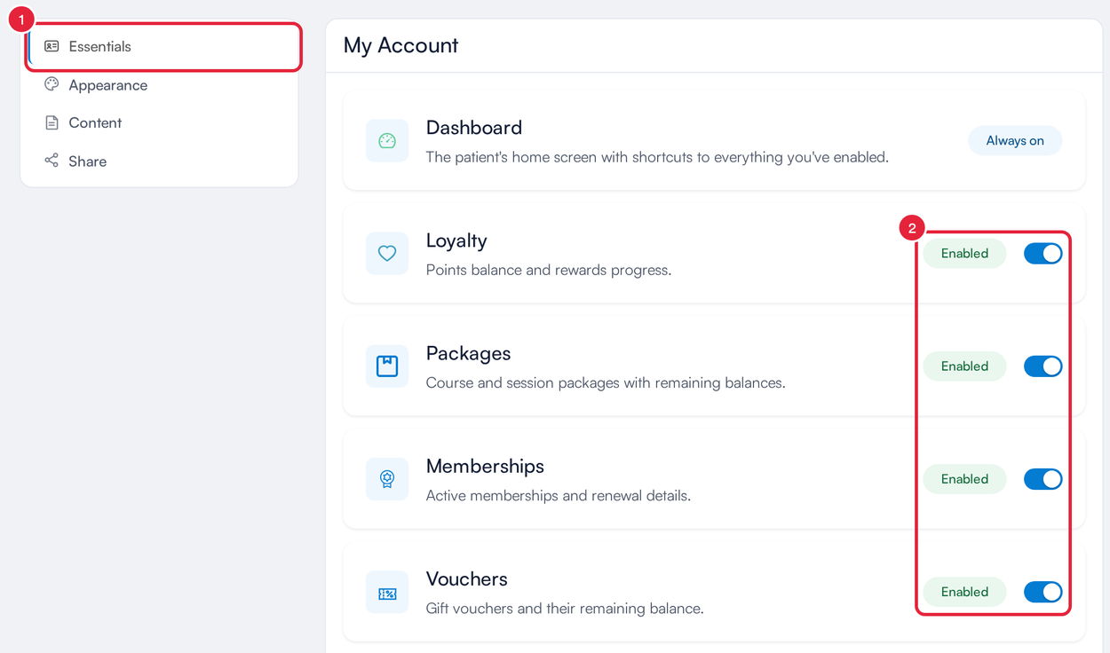 Features on the Essentials tab of Setup → Client Portal