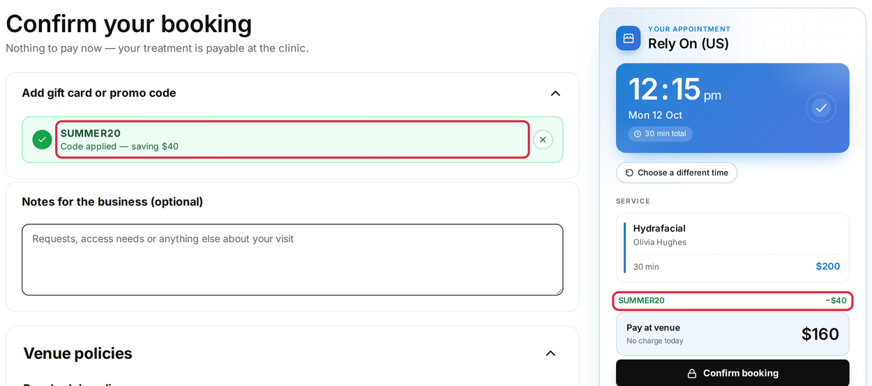 A promo code applied on the booking page, with the saving in the summary
