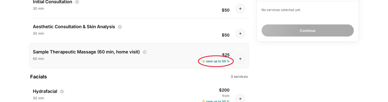 A flash sale badge on the services list