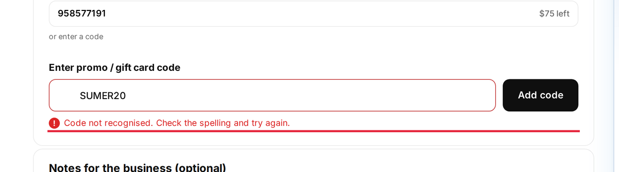The message a client sees when a code is not recognised