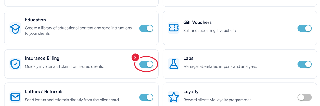 The Insurance Billing switch on the Business Details Features page
