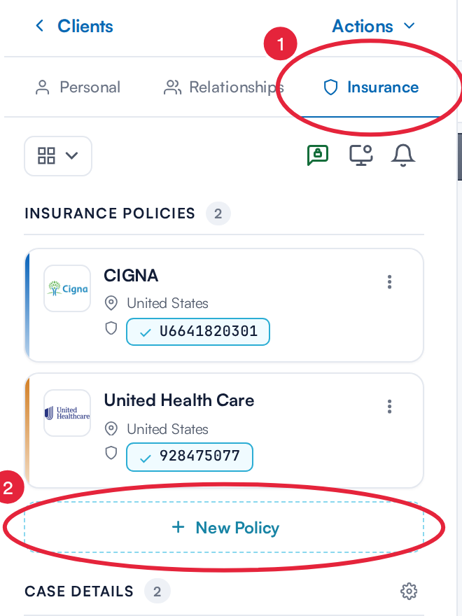 The Insurance tab on the client card with the New Policy button marked