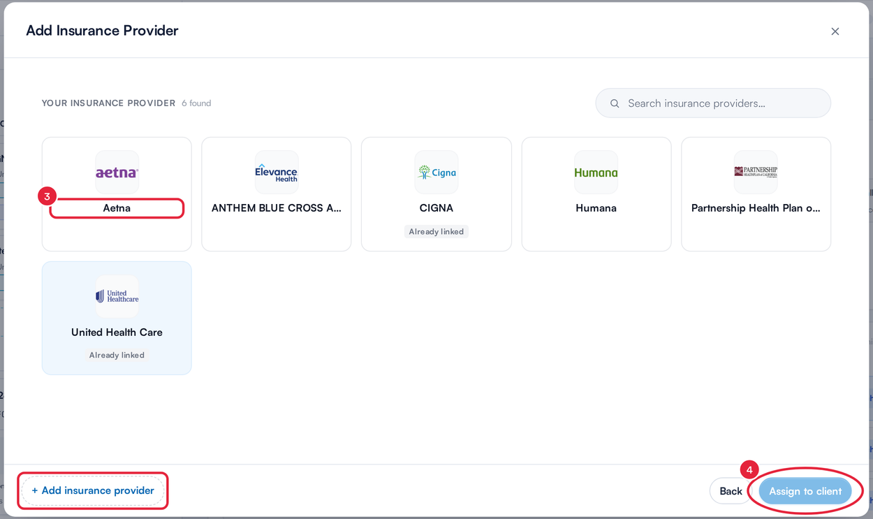 The Add Insurance Provider picker with a payer and Assign to client marked