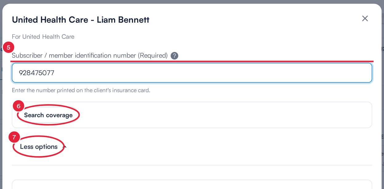 The top of the policy form with the member number, Search coverage and More options marked
