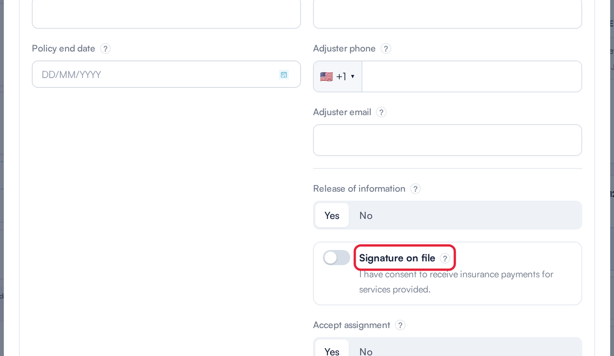 The Policy information section showing Release of information, Signature on file and Accept assignment