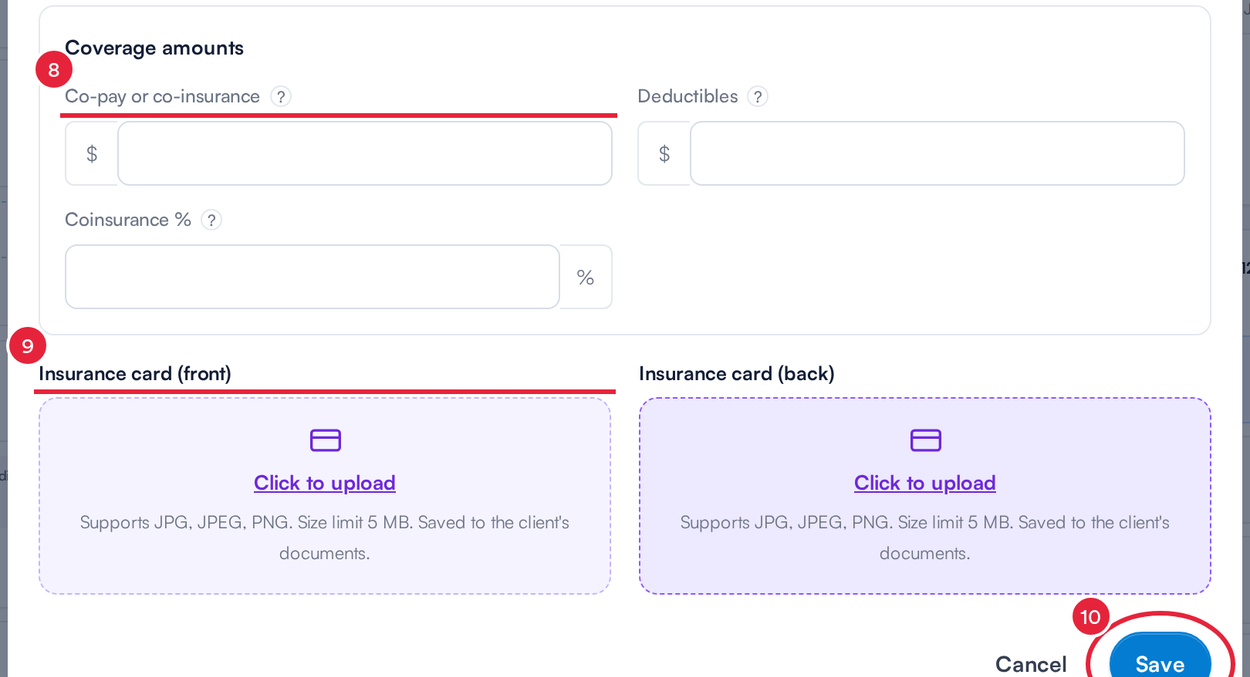 The Coverage amounts section, the insurance card upload tiles and the Save button