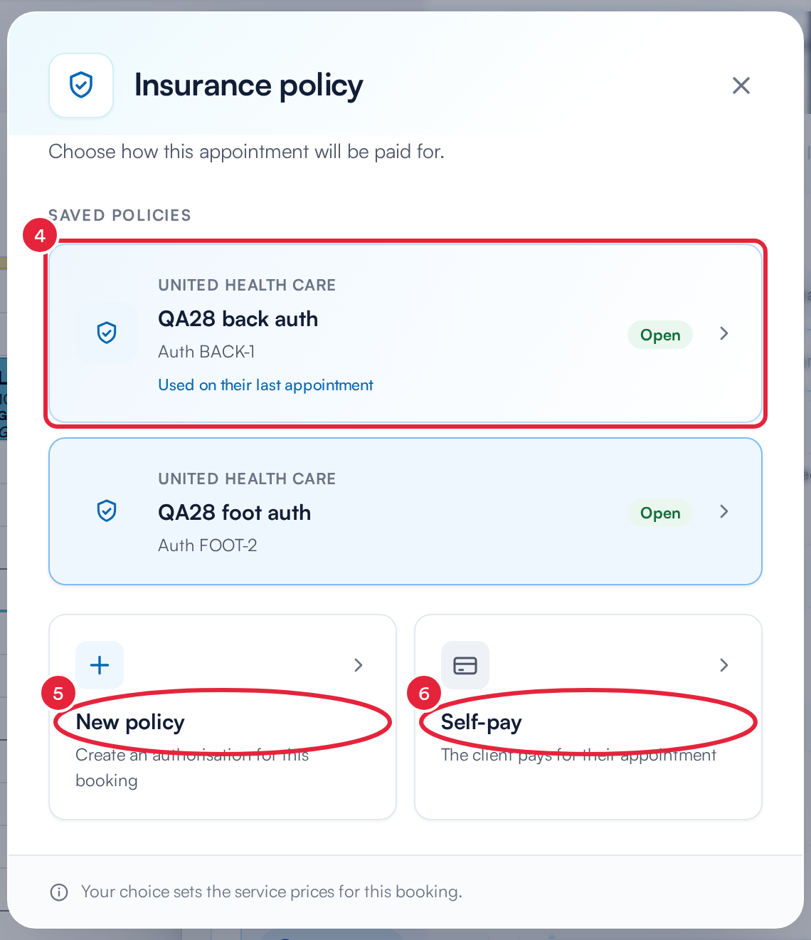 The Insurance policy window with a saved policy, New policy and Self-pay marked