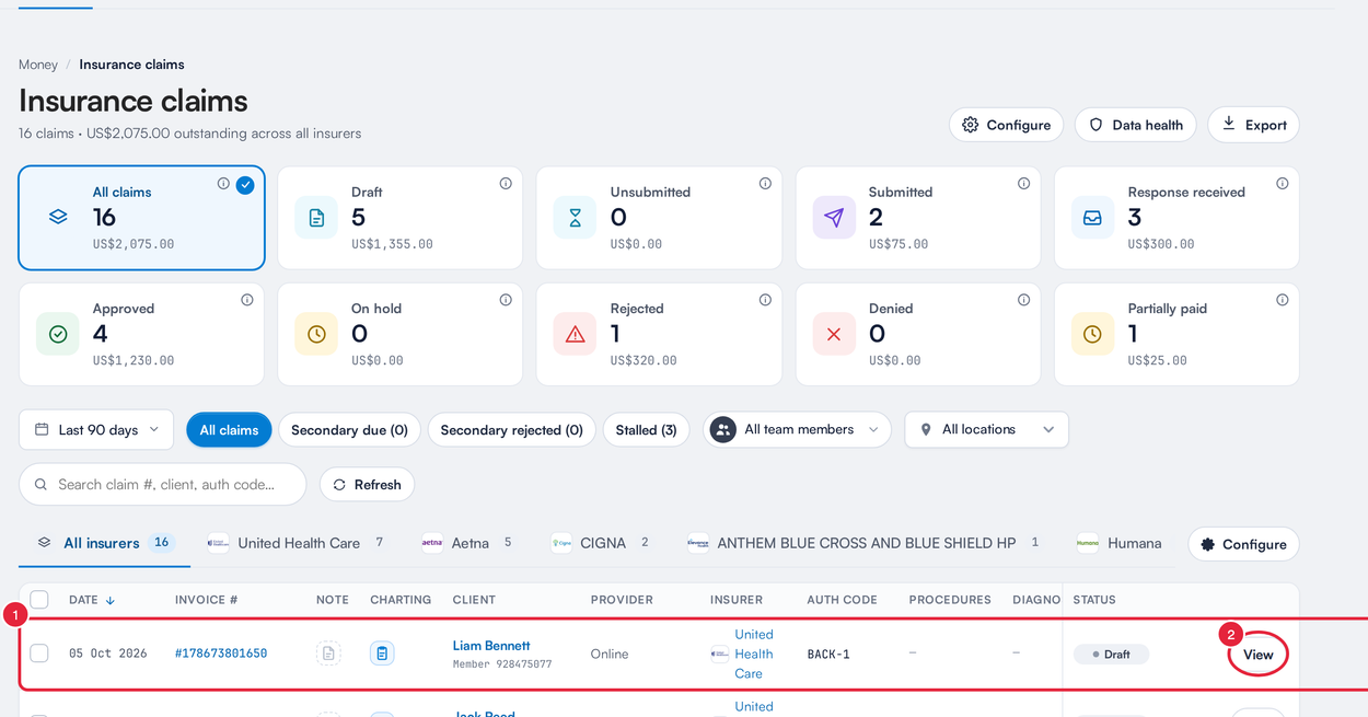 The More → Claims list with a claim row and its View button marked