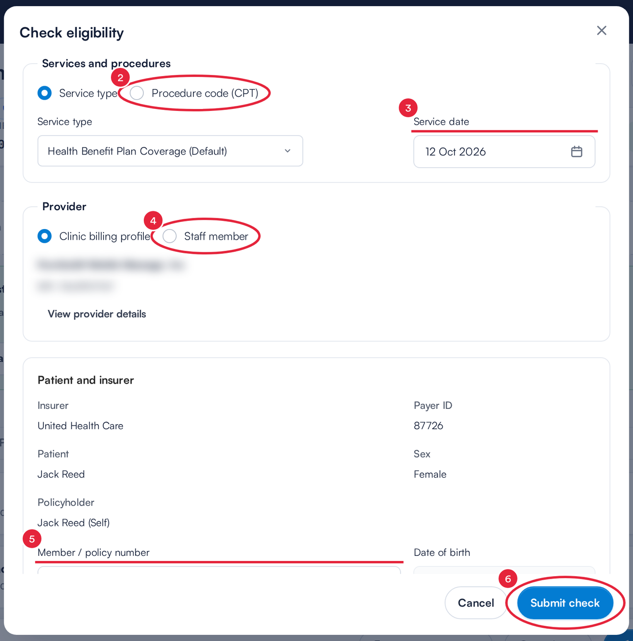 The Check eligibility window with procedure code, service date, staff member, member number and Submit check marked