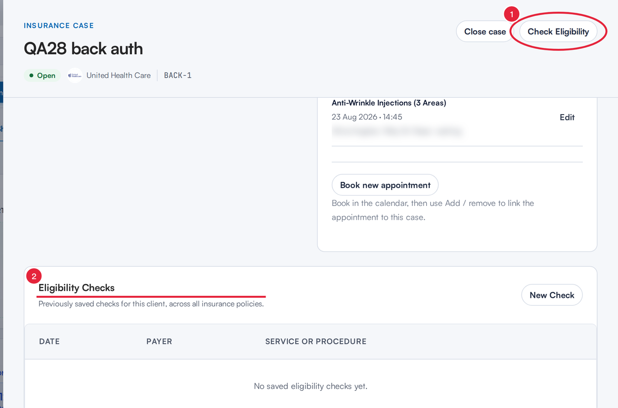 An insurance case with the Check Eligibility button and the Eligibility Checks list marked