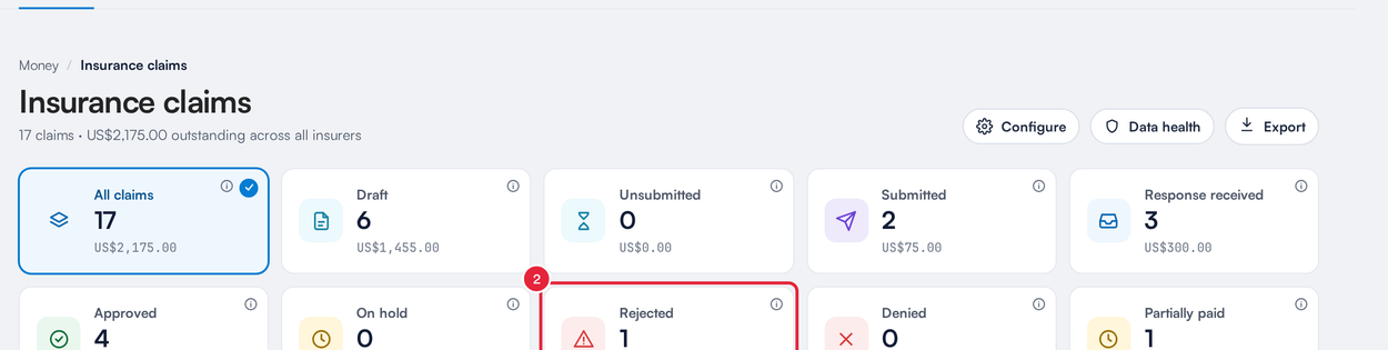 The claim folder tiles on the Insurance claims dashboard, with the Rejected tile marked