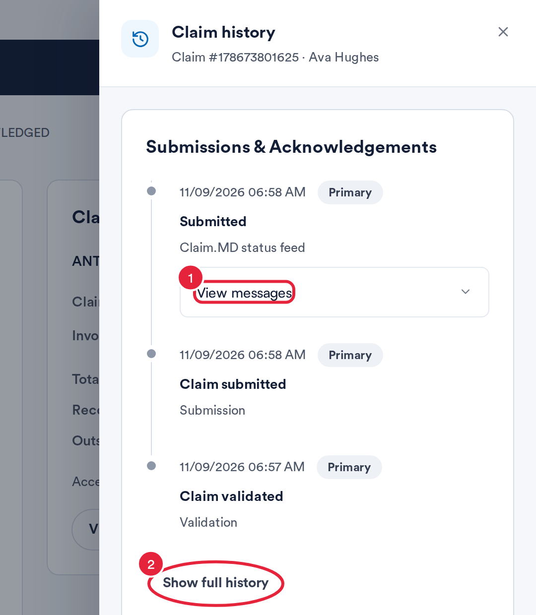 The Claim history panel with View messages and Show full history marked