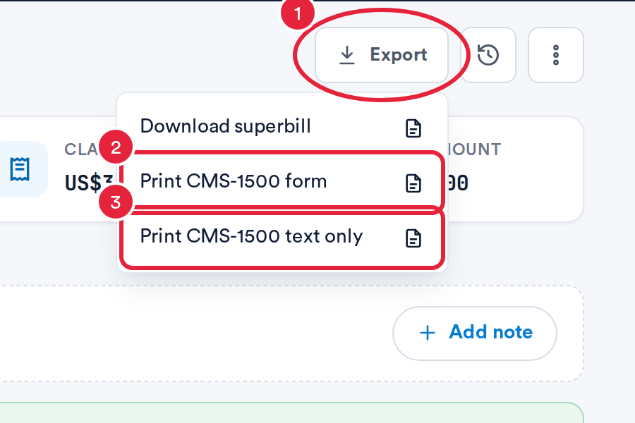 The claim Export menu with Print CMS-1500 form and Print CMS-1500 text only marked