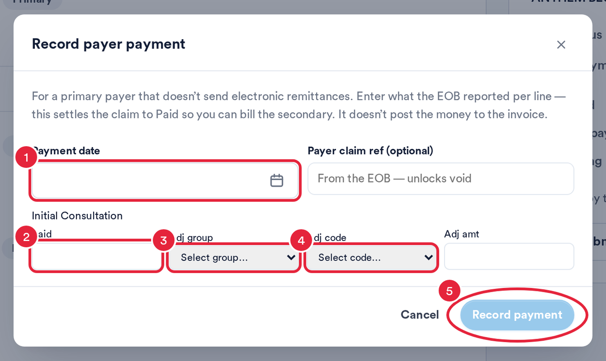 The Record payer payment window with payment date, paid amount, adjustment group, adjustment code and Record payment marked