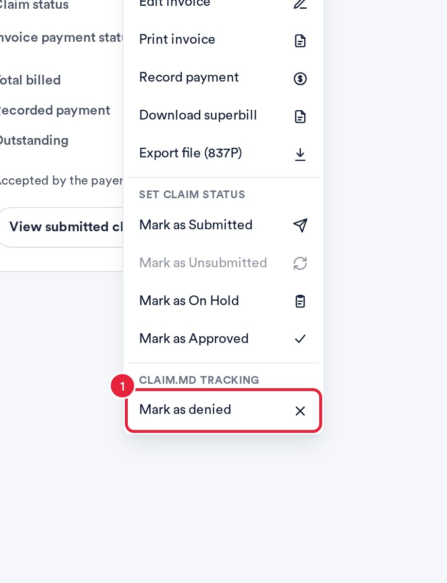 The More actions menu on a submitted claim with Mark as denied marked