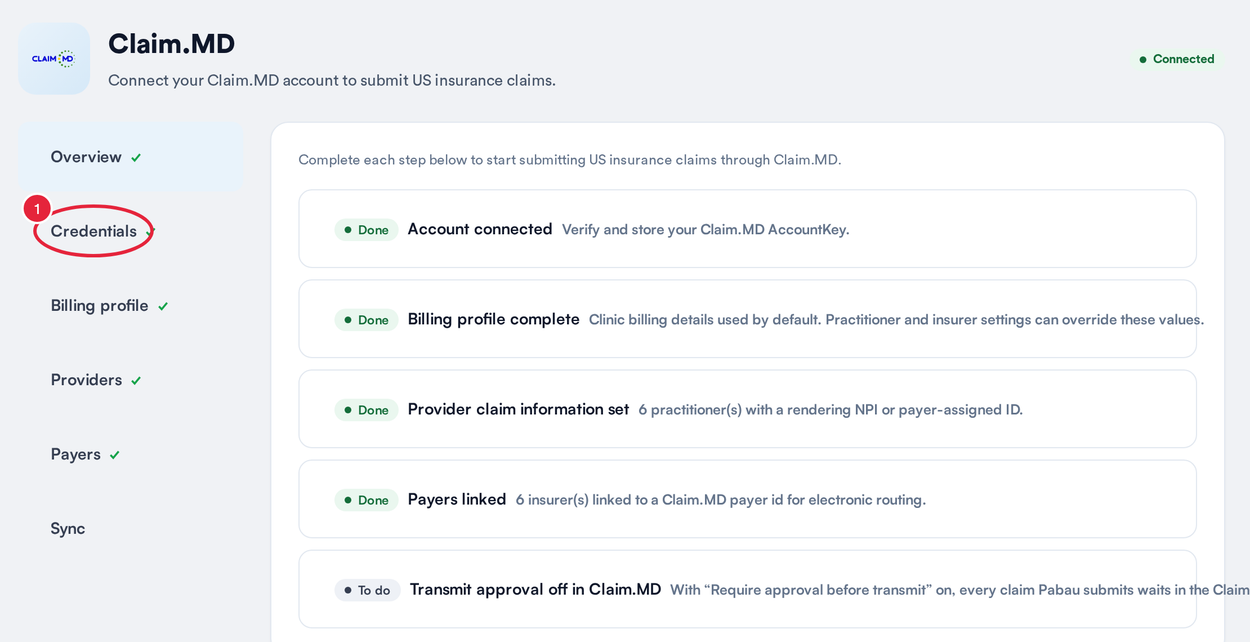 The Claim.MD setup Overview checklist with the Credentials tab marked