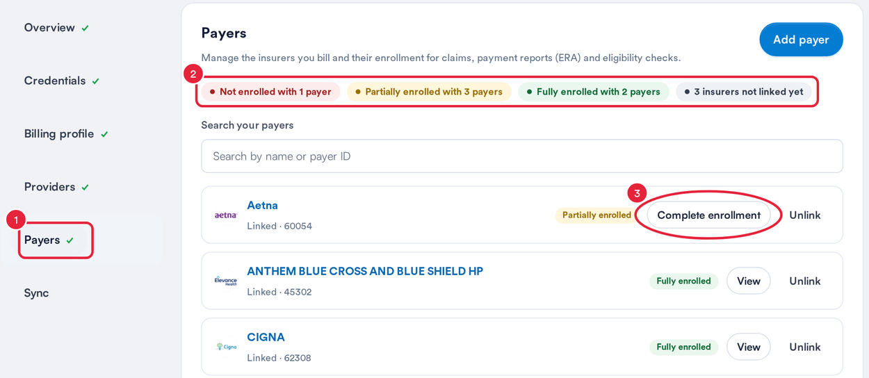 The Payers tab with each payer’s enrollment status