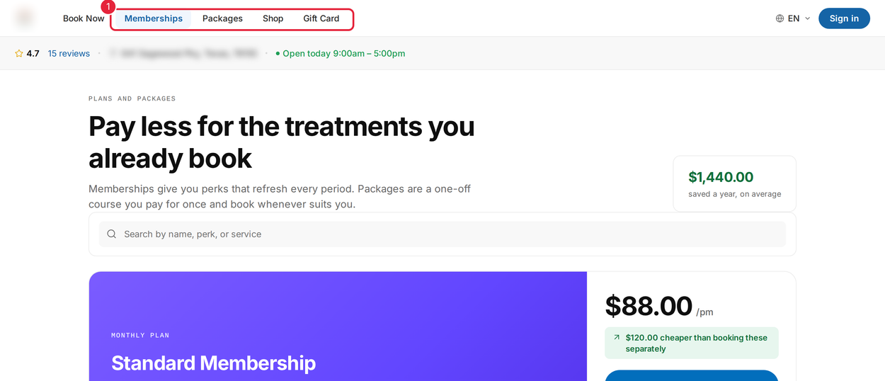 The online store on the booking page with the Memberships, Packages, Shop and Gift Card tabs highlighted