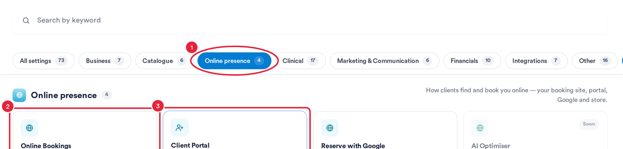 Setup filtered to Online presence with the Online Bookings and Client Portal cards highlighted