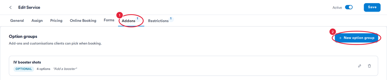 The Addons tab of a service with the New option group button