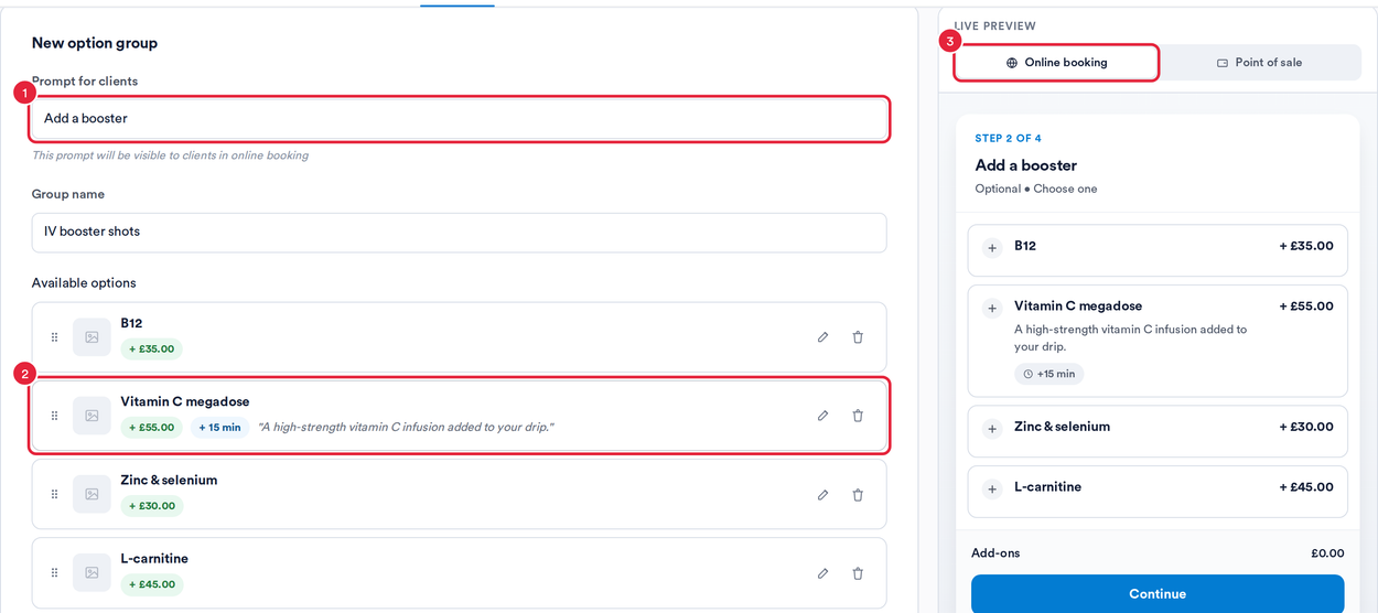 An option group with its prompt, options and the online booking live preview
