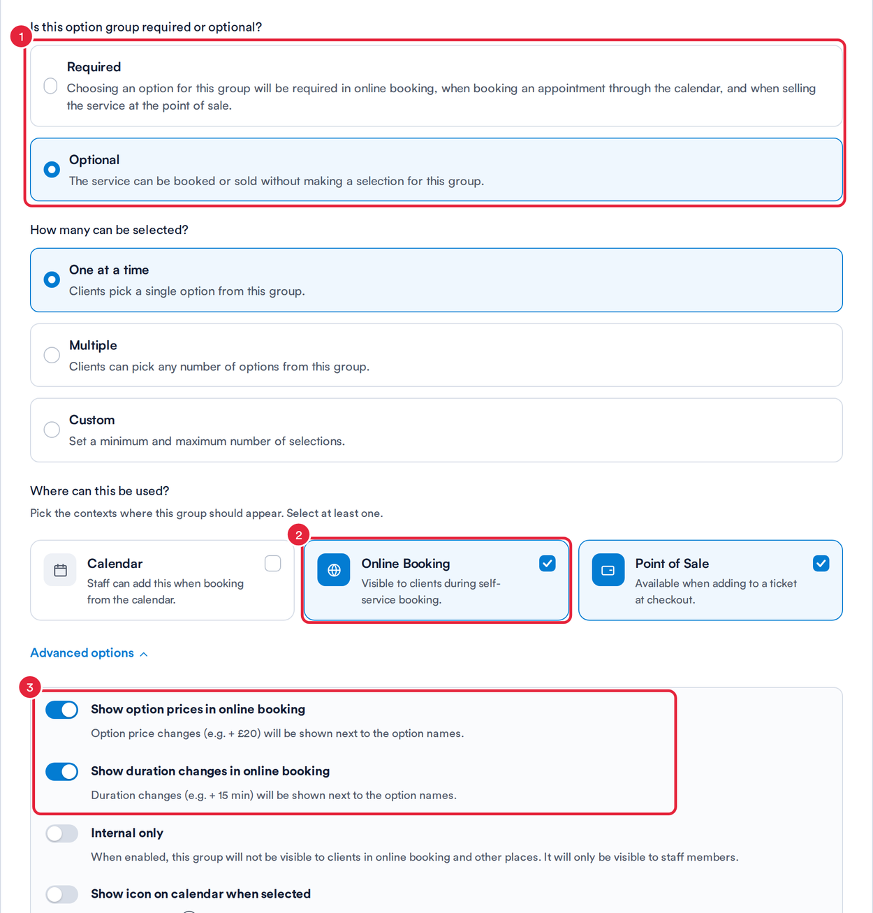 Required or optional, Where can this be used and Advanced options for an option group