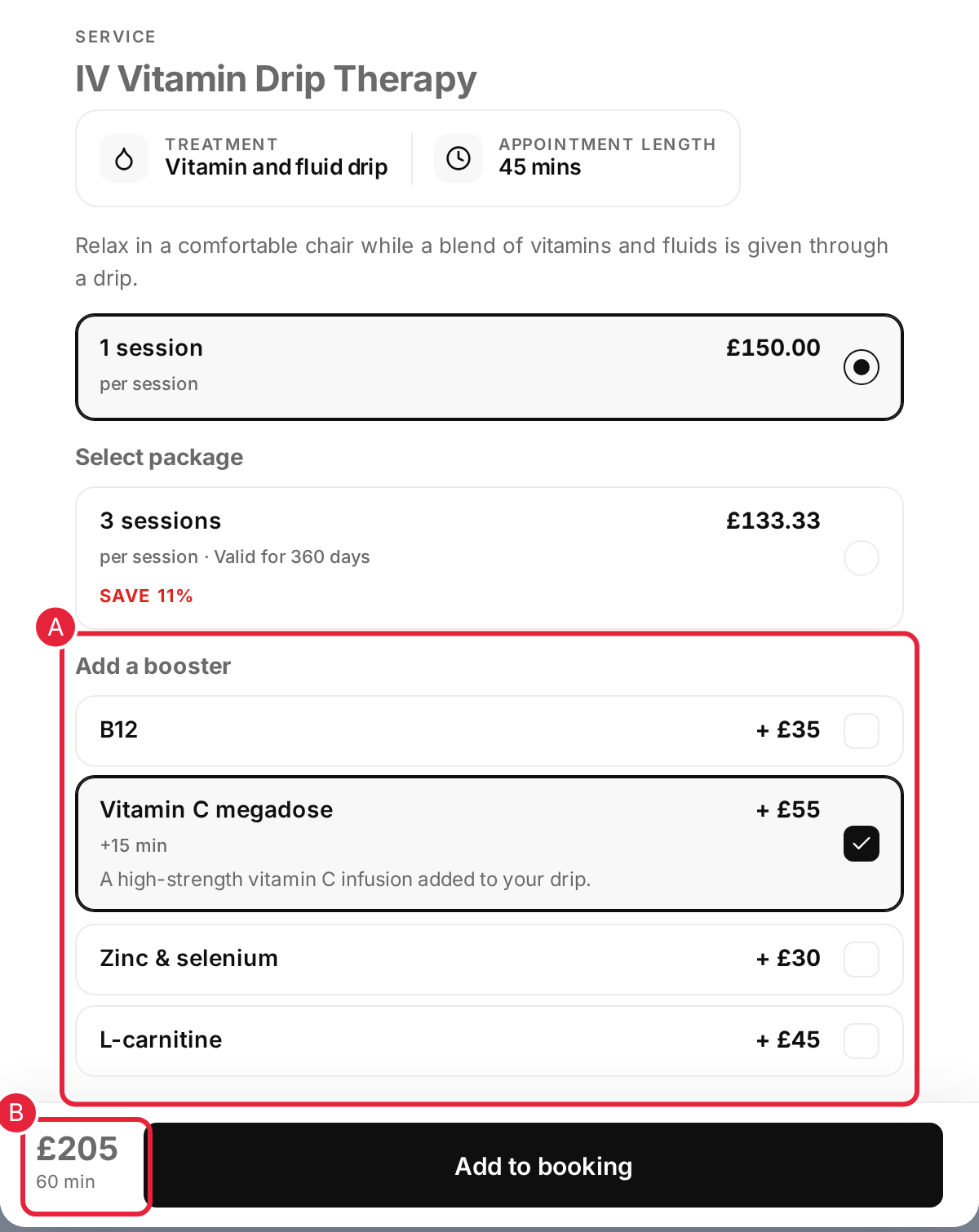 Add-ons in the service details window on the booking page with the running total