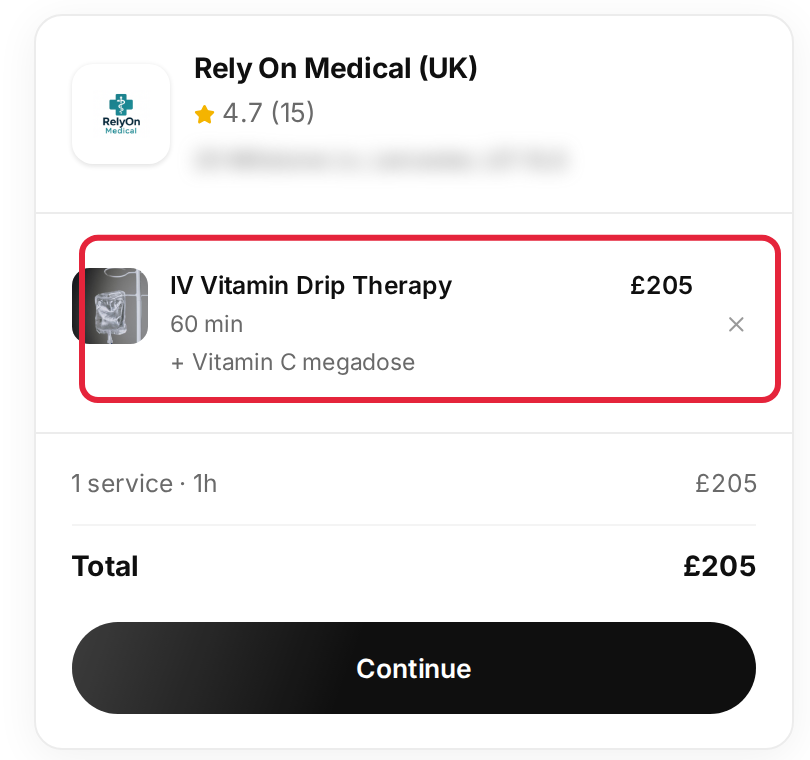 The booking summary showing a service with an add-on, its length and total