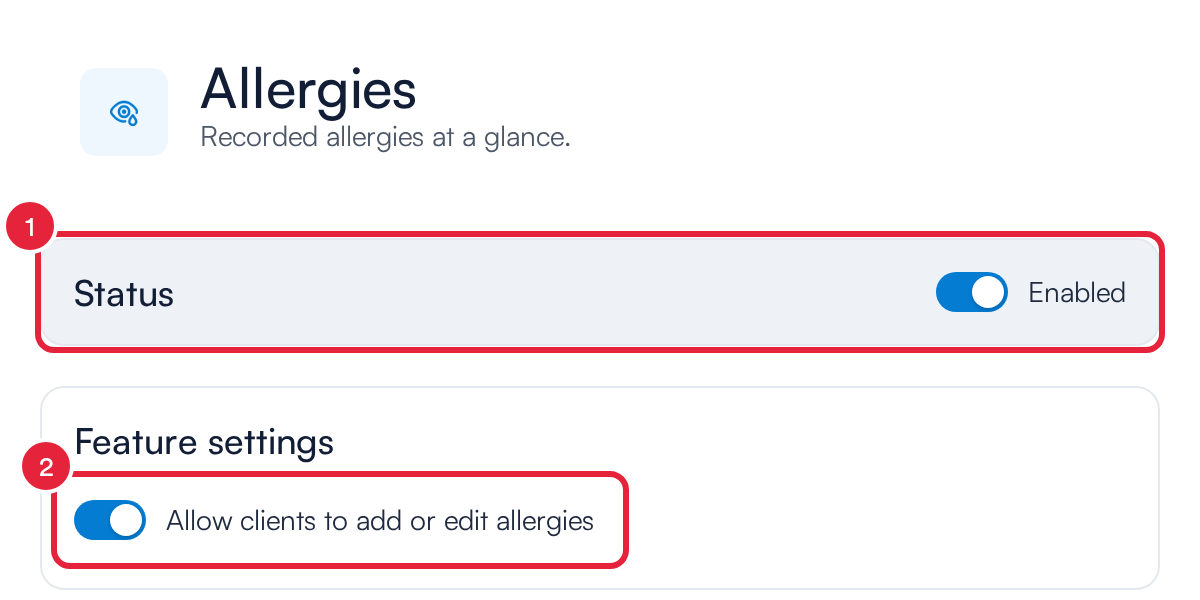 Allergies card with Status and Allow clients to add or edit allergies