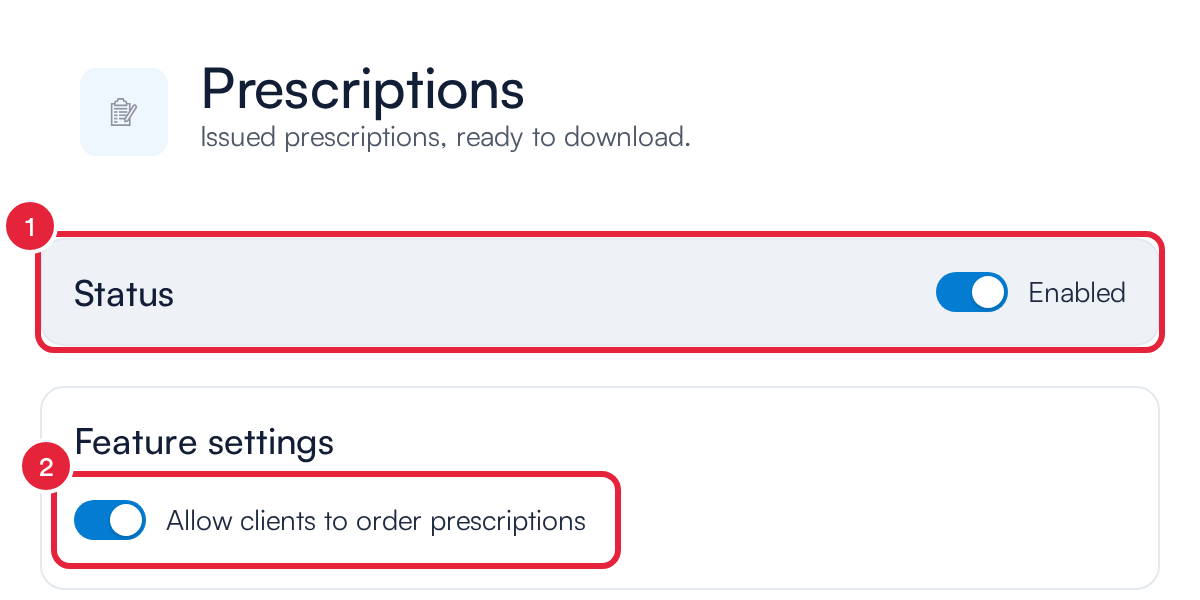 Prescriptions card with Status and Allow clients to order prescriptions