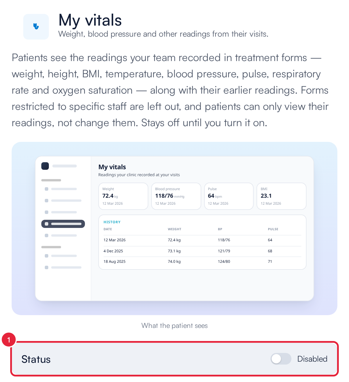 My vitals card with a preview of the client's readings and the Status switch